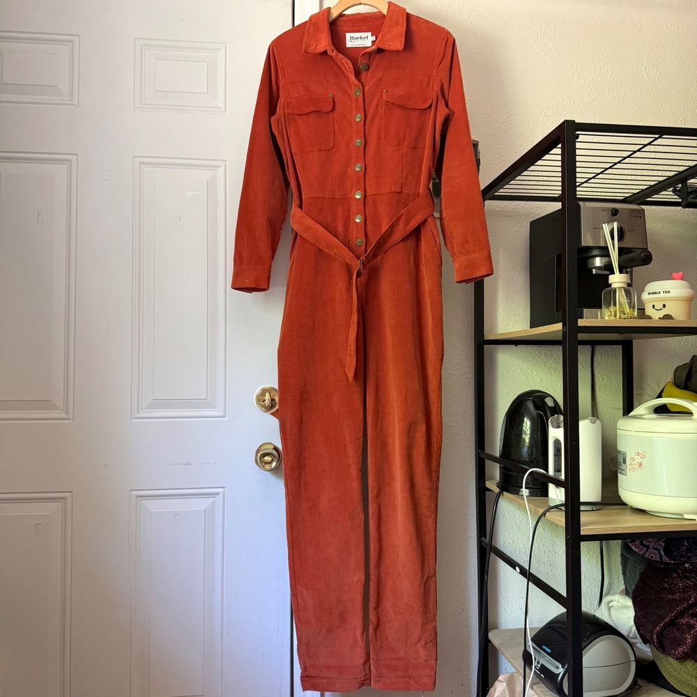 HARKEL uk rust cotton corduroy embroidered belted button up long sleeve jumpsuit